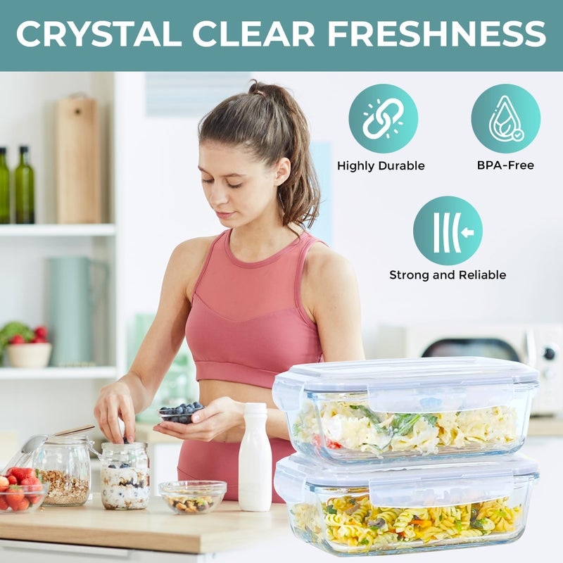 Razab 6.5 Cups / 52 Oz 4 Piece (2 Containers + 2 Lids) Glass Food Storage Containers Set with Airtight Locking Lids - For Storing, Baking & Serving BPA Free, Leakproof - Microwave, Freezer & Oven Safe - Image 3